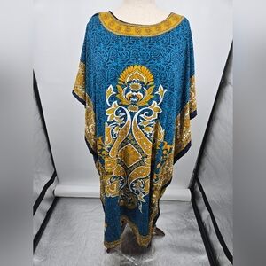 Sante Classics Vintage Blue & Gold Maxi Kaftan Dress One Size (6529)